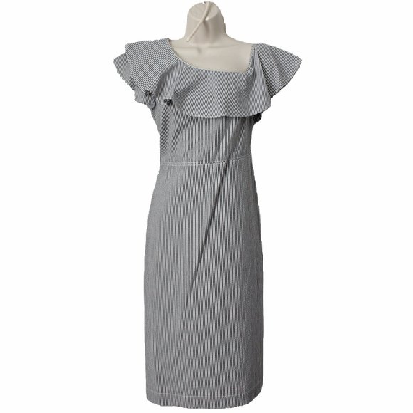 Banana Republic Dresses & Skirts - Banana Republic Blue White Vertical Striped Midi Dress Off the Shoulder Sz 2